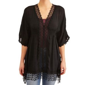 Time and True Crochet Trim Kimono Cover-Up OS
